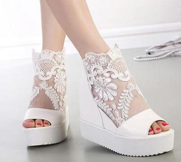 

summer silver white lace applique wedding shoes wedge sandal boots high wedge heel platform peep toe ankle boots size 34 to 33027200, Black