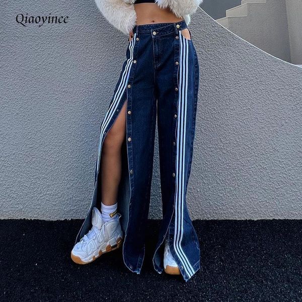 

women s jeans 2023 blue slit wide leg pants tooling style stitching two sides buttoned striped trend personality street long 230720