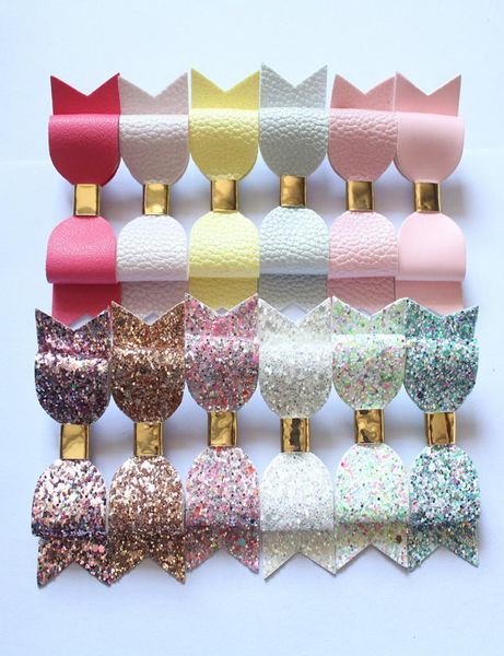 

24 pcs double hair bow prince cute kids girl hairpins faux glitter felt litchi stria baby pu leather hair grip stripe gold clip ba7882901, Slivery;white