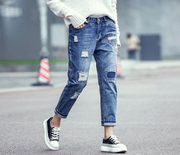

women039s jeans summer ripped pants holey patch denim high waist straight cotton woman casual4228989, Blue