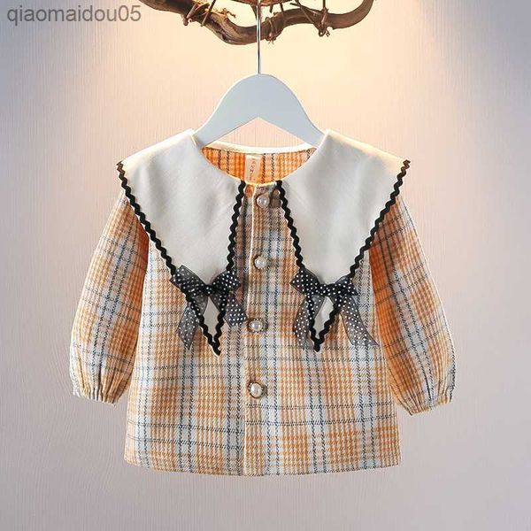 

spring autumn 0-4 years baby girl children clothing turn-down collar long sleeve plaid blouse shirt for kids baby girls coat l230712, Blue;gray