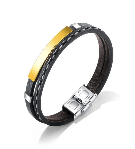 

stainless steel glossy leather bracelet multi layer black braided rope wrist band punk gothic bracelets bangles hip hop rock m8051969, Golden;silver