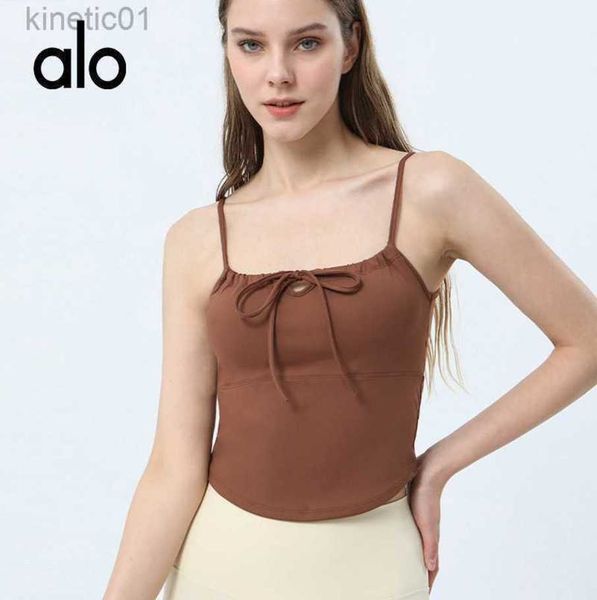

desginer alo yoga bra dance tank women's slim fit slim sling wearing with chest pads short style sports fitness suit, White