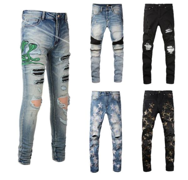 

mens designer jeans embroidery of cobra distressed ripped biker skinny slim fit motorcycle bikers denim for men fashion hip hop hi6862043, Blue