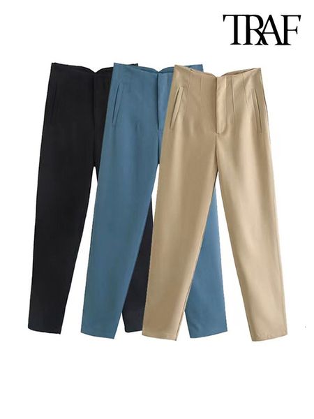 

women's pants s traf women chic fashion with seam detail office wear vintage high waist zipper fly female ankle trousers 230719, Black;white