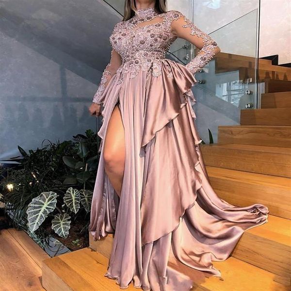 

2020 arabic aso ebi beaded appliques high neck long sleeves prom dresses dusty pink split ruffles formal evening gowns wear p272p, Black