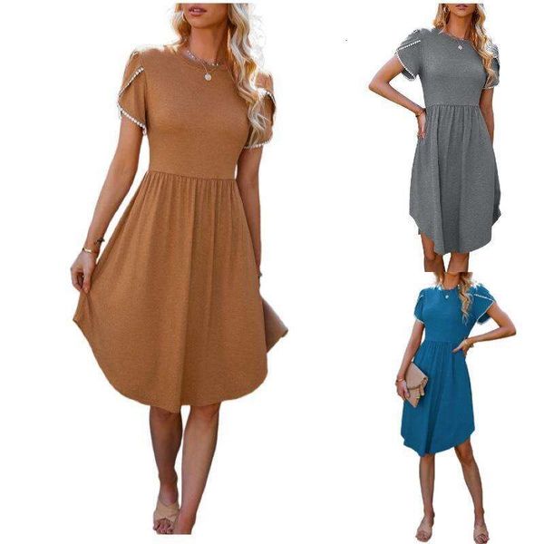 

summer lace dress pleated pure color temperament office slim fit womens, Black;gray