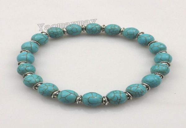 

stretchy 8mm turquoise beaded bracelets with silver color spacer beads for women 12pcs 7175141, Black