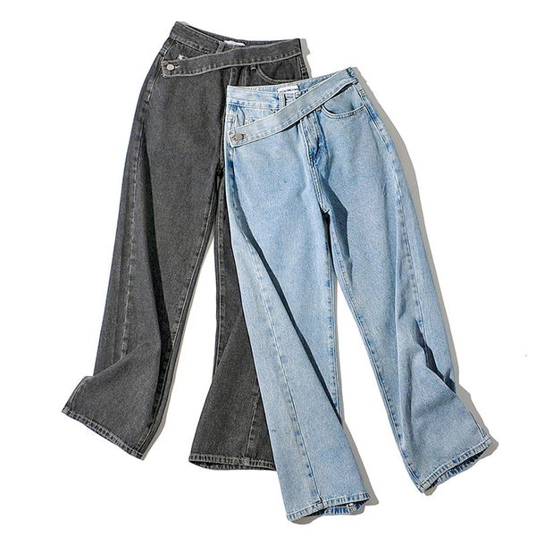 

women s jeans oblique waist high vintage clothing pants woman gray blue straight leg belt clothes wide fashion streetwear harajuku denim 230