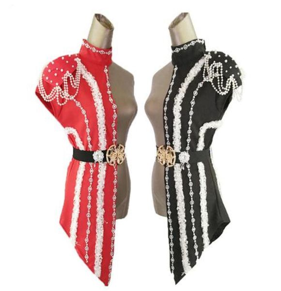 

womens patchwork set stage singer ds dj costume for dancing clothes with white pearl chain collar5214685, Black;red