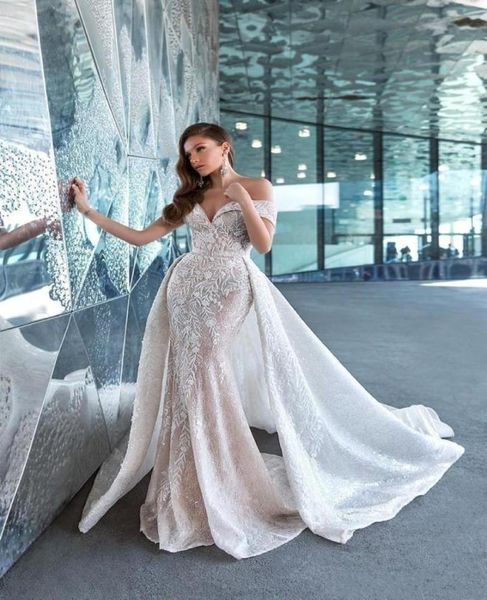 

vintage lace mermaid wedding dress with detachable train 2022 off the shoulder appliqued bridal gowns arabic aso ebi vestido 2546555, White