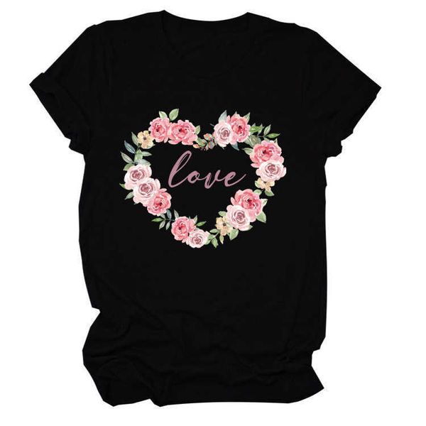 

new flower fashion print t-shirt valentine's day casual short sleeve, White