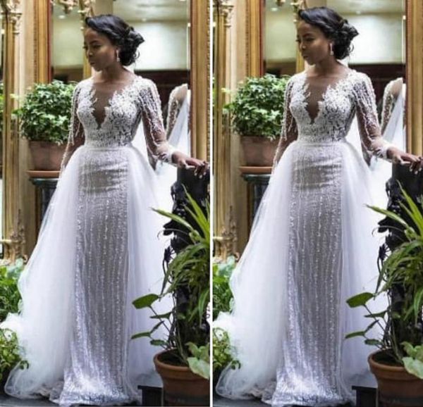 

luxury long sleeve lace wedding dresses with detachable skirt illusion open v neck bridal gown vestido de noiva custo3960423, White