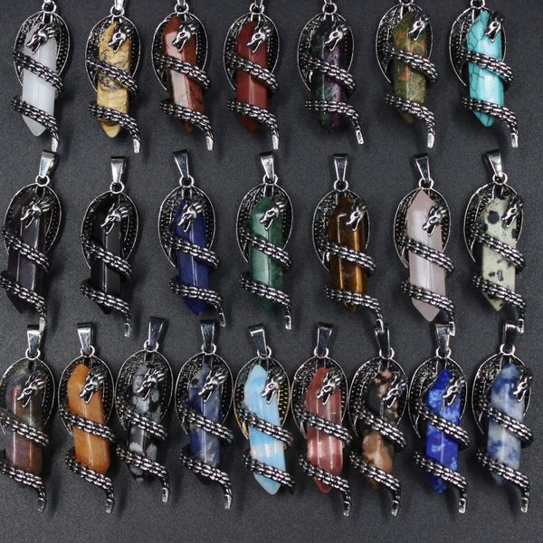 

men dragon natural stone pendant crystal hexagon point pillar shape crystal agate charms necklace jewelry making punk accessory, Bronze;silver