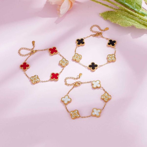 

double sided fritillary lucky five flowered four-leaf clover luxury fashion ins style does not lose color with diamond bracelet, Golden;silver