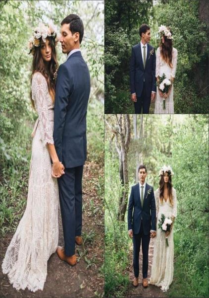 

vintageinspired hippie maxi crochet lace bohemian long sleeve wedding dresses modest vneck beach boho wedding gowns plus s5761611, White