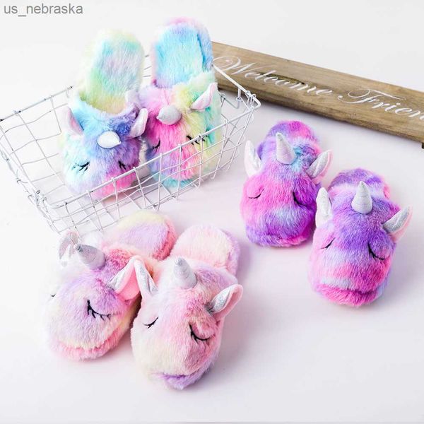 

girls autumn winter slippers toddler baby cute cartoon rainbow home shoes children warm fur slipper kids unicorn home slippers l230518, Black;grey