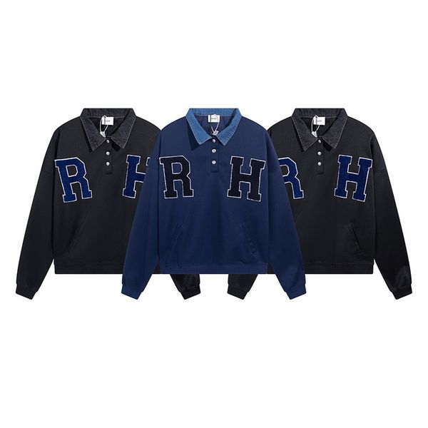 

Usa Man Rhude letter embroidered denim collar patchwork lapel hoodie Sweater cropped men loose black blue