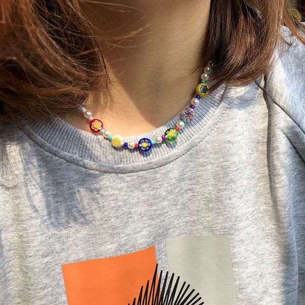 

designer's new colorful daisy petals glass beads necklace women's string pearl choker dopamine jewelry, Silver
