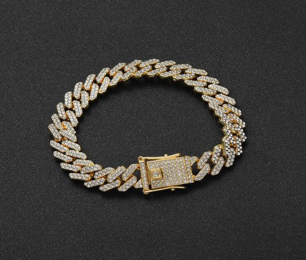 

iced out cuban chain necklace 12mm hip hop jewelry full miami curb gold color choker rhinestone street rapper bracelet for men1430352, Silver