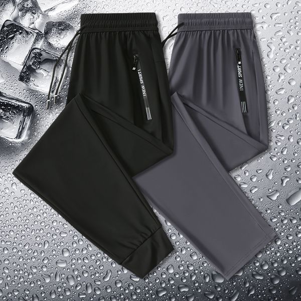 

mens pants summer ice silk zipper high elastic casual street 230720, Black
