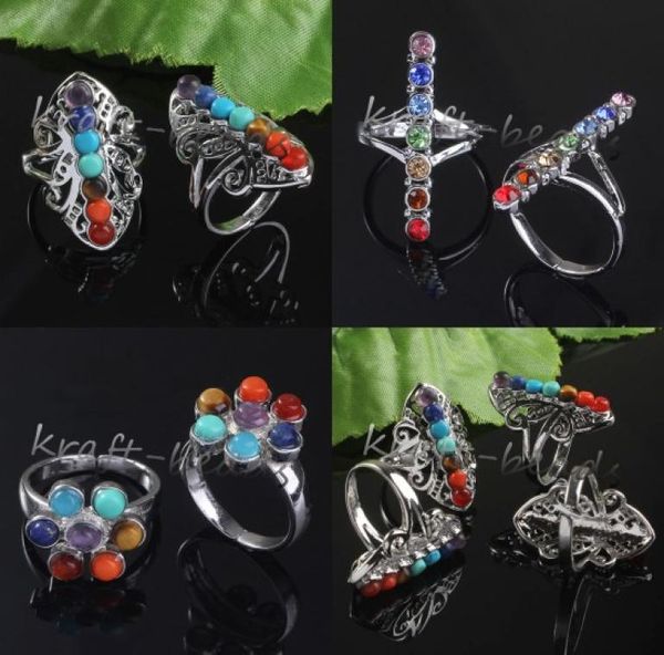 

whole 10pcs charm silver plated 7 stone beads chakra healing different styles stone adjustable finger ring jewelry4342826, Golden;silver