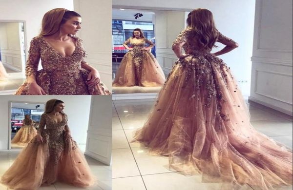 

enchantment luxury mermaid prom dress with overskirt vneck pearls sequin beads long sleeve celebrity dress fashion dubai eve1105103, Black