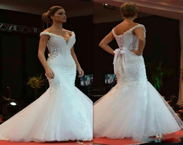 

2019 elegant beaded pearls mermaid wedding dresses with offshoulder lace up back sheath wedding bridal gowns for bride vestidos4215348, White