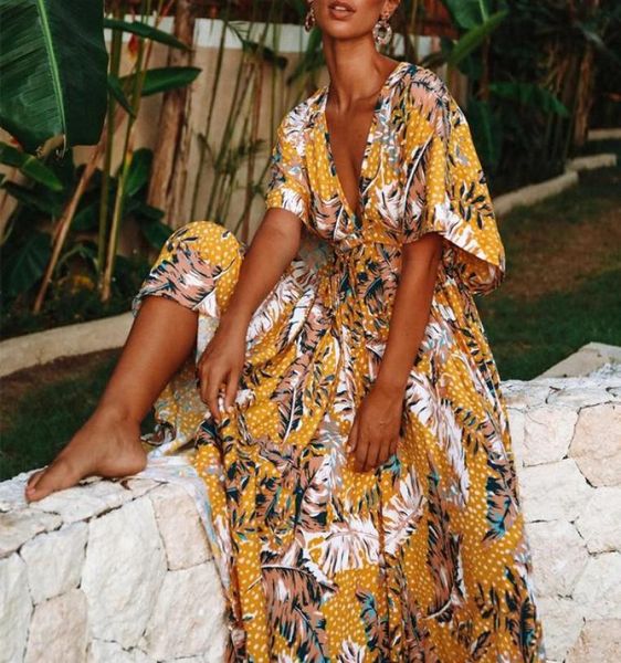 

long dress women casual floral boho dress 2020 loose chiffon party dresses beach v neck dress short sleeve maxi1266745, Black;gray