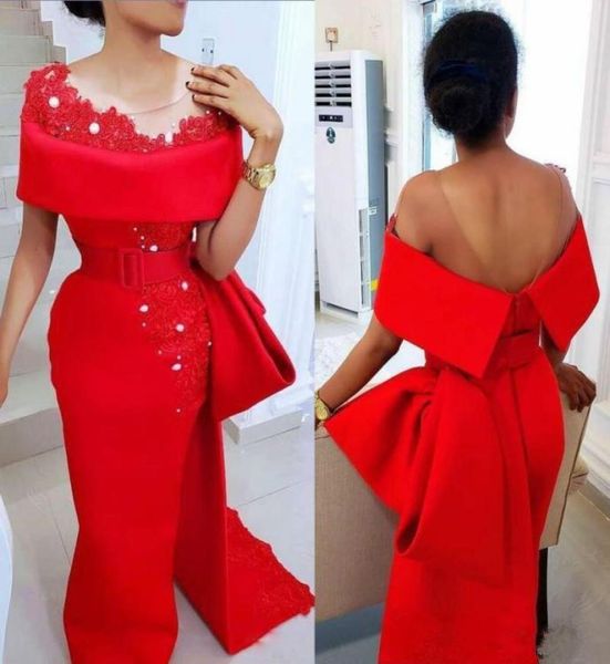 

elegant saudi arabic red evening dresses wear with sheer neck bow train beaded pearls party dress satin side split african formal 5237250, Black;red