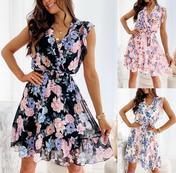 

women's casual dress 2023 new chiffon ruffled short sleeved v-neck women's dress printed women's beach skirt, Black;gray