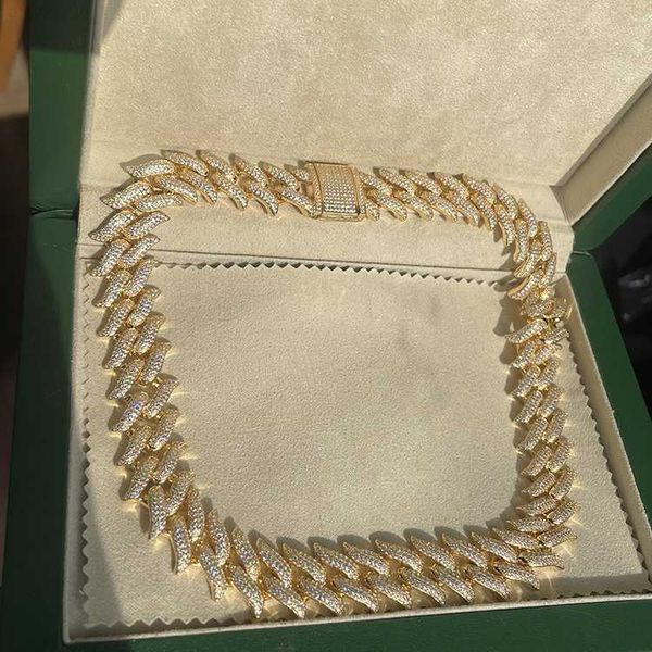 

yu ying men chain hip hop rock style 13mm 18mm width spike shape gold plated moissanite necklace cuban link chain, Silver