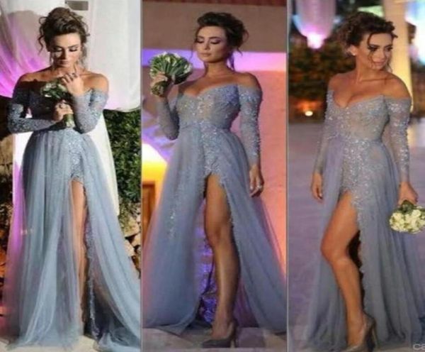 

new fashion long sleeves dresses party evening a line off shoulder high slit vintage lace grey prom dresses long chiffon formal go7701712, Black