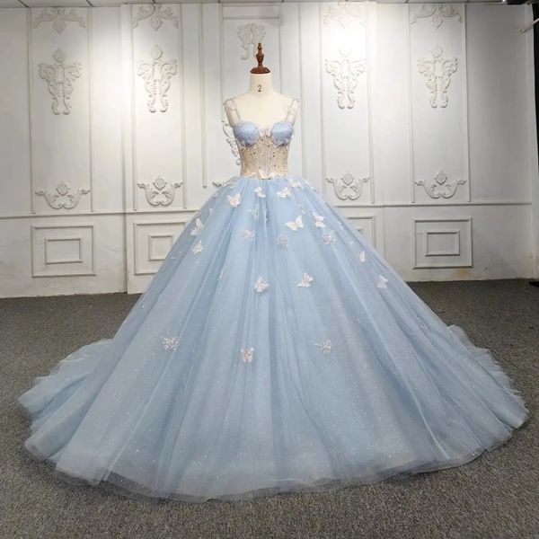 

sky bue sweetheart spaghetti strap ball gown quinceanera dress for girls beaded bow birthday party gowns prom dresses vestido de 15 anos, Blue;red