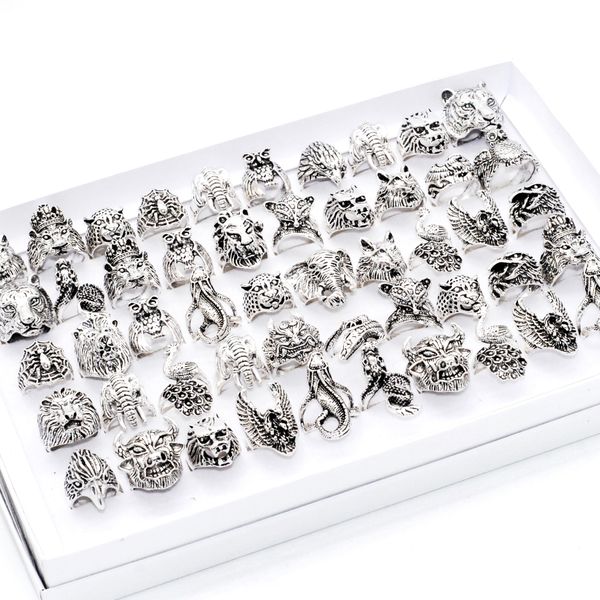 

wholesale 20pcs mix design big animals vintage rings men women exaggeration punk goth antique silver plated metal party gift jewelry lots, Slivery;golden