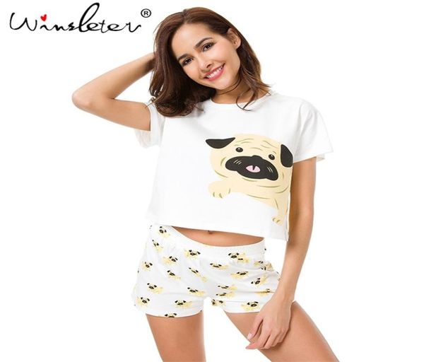 

cute dog pajama set women pug print 2 pieces set crop shorts elastic waist pajamas loose home wear lounge pyjamas s6801 y200702793653, Black;red