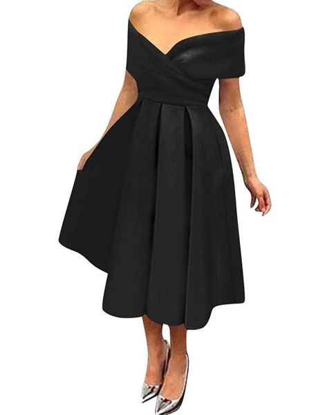 

satin simple cocktail dress off shoulder tea length formal wear evening prom party gown women formal prom party gown short cocktai9407468, Black
