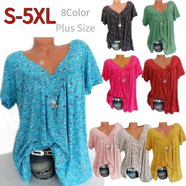

women's plus size t shirt women flower oversized 4xl 5xl oversize short sleeve clothes summer v neck 230719, Black
