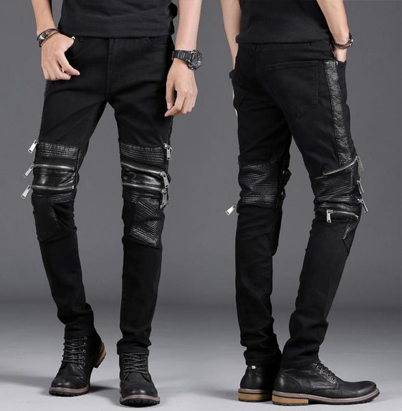 

new men039s skinny jeans black slim fit multi zipper motorcycle moto biker mens stretch denim hip hop punk men pants6914840, Blue