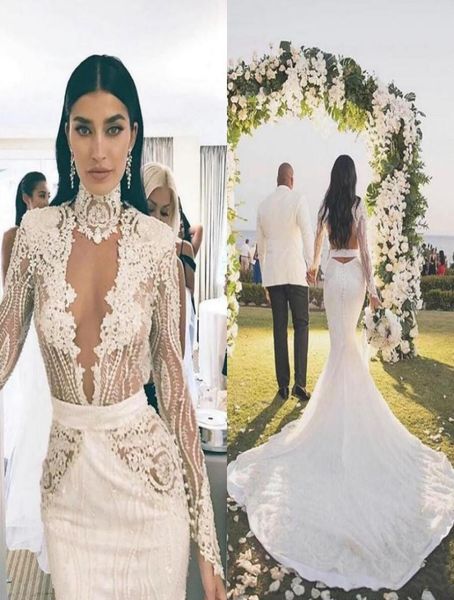 

gorgeous high neck illusion long sleeve wedding gowns backless court train lace bohemian mermaid wedding dresses6513628, White