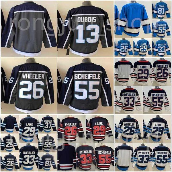 

men new york heritage classic ice hockey 55 mark scheifele 37 connor hellebuyck 81 kyle connor 13 pierre-luc dubois 26 blake wheeler 33, Black;red