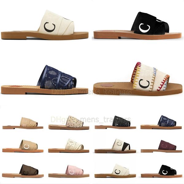 

branded women woody mules flat slipper designer c lady lettering fabric outdoor leather sole slide sandals size 35--42, Black