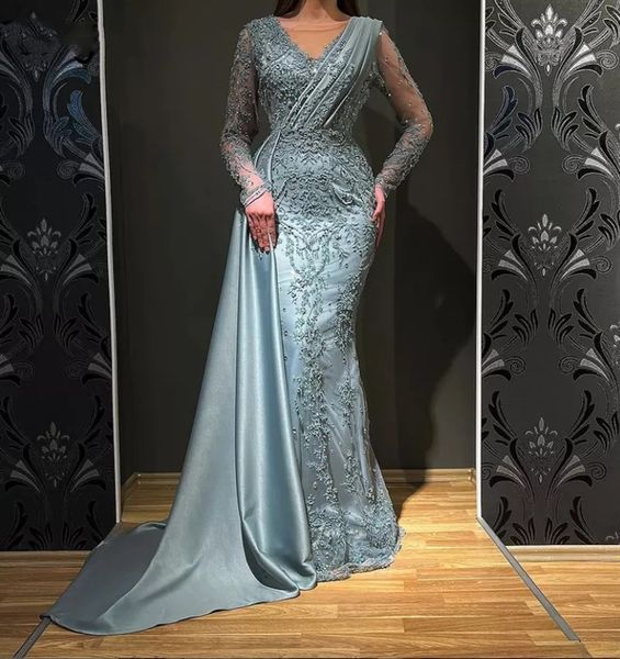 

gorgeous arabic evening dresses v neck 2023 lace applique stain mermaid long sleeves side train beads formal prom gowns night party robe, Black