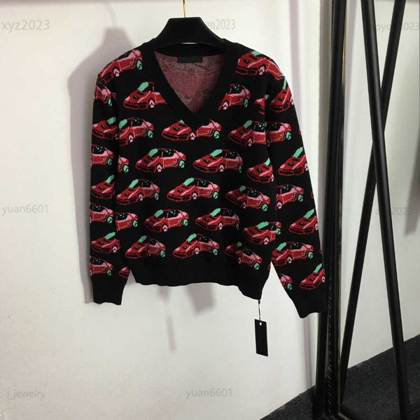 

designer women v-neck sweater car jacquard pattern girl knit shirt size s-l fashion long sleeved pullover july18, White;black