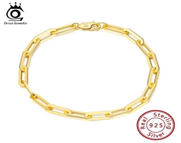 

orsa jewels 14k gold plated 925 sterling silver paperclip link chain bracelets for women men bracelet jewelry sb109 2202221265278, Golden;silver