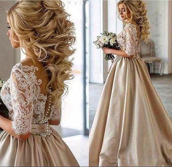 

2020 new vintage lace stain champagne wedding dresses half sleeve sheer neck covered botton dubai arabic bridal gown real ph5307873, White