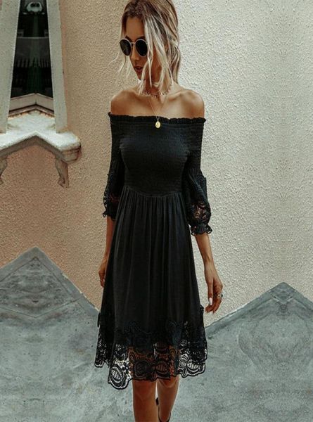 

spring summer fashion black lace dress women slash neck solid high waist knee length dress streetwear new 2104131327441, Black;gray