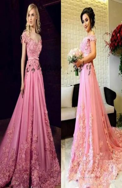 

new tony chaaya modest evening dresses 3d floral applique off shoulder dubai arabic kaftan full length princess pink custom made p3218184, Black;red