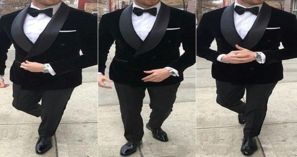 

new fashion double breasted black velvet groom tuxedos shawl lapel men suits weddingpromdinner man blazer jacketpantstie5659018, Black;gray