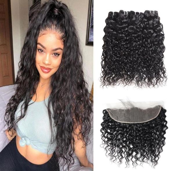 

meetu brazilian human hair bundles with closure 13x4 lace frontal body deep loose indian virgin water kinky curly extensions for w9412045, Black